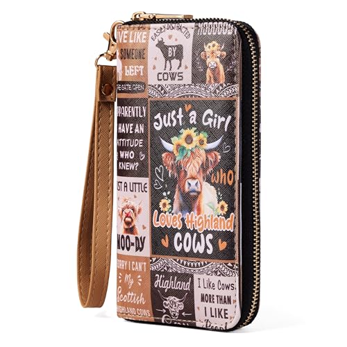Fanwill Womens Highland Cow Vegan Leather Clutch Wallet Western Zip Around Card Holder Ladies Purse with Hand Strap Large Capacity