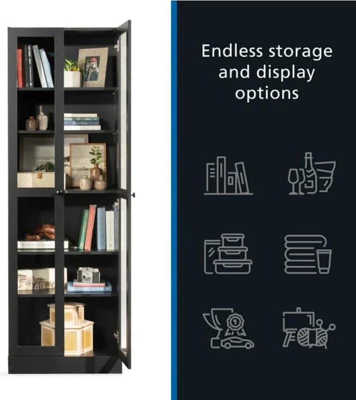 Glass Door Storage Cabinet Bookcase (Black Finish)