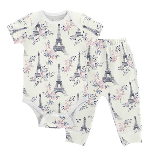 vvfelixl Retro Eiffel Tower Baby Layette Sets,Baby Bodysuits Set Unisex Short Sleeve Babys Pants Sets 9-12M