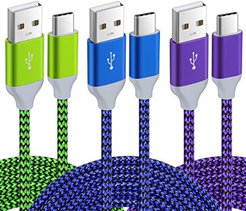 USB C Cable 3-Pack 10ft Type C Charger Fast Charging, Pofesun USB A to USB C Charger Cable Nylon Braided Cord Compatible with Samsung Galaxy S21 S20 S10 S9 S8 Plus Note 20 10 A51 A12-Blue,Green,Purple