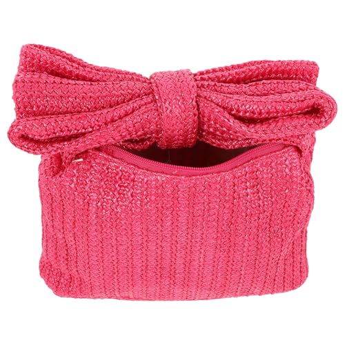 WATIIFUFU Woven Bowknot Clutch Bag Lightweight Fashion Handbag for Women Wedding Party Rustic Handheld Purse Rose Red