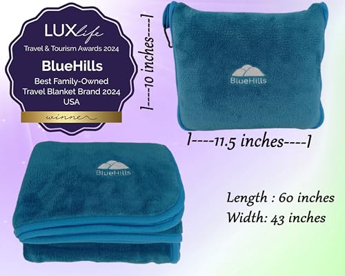 Image of BlueHills Premium Soft Travel Blanket Pillow Airplane Blanket in Soft Bag case with Hand Luggage Belt and Carabiner Compact Pack Large Cozy Blanket for Plane Car Train Teal Blue T022