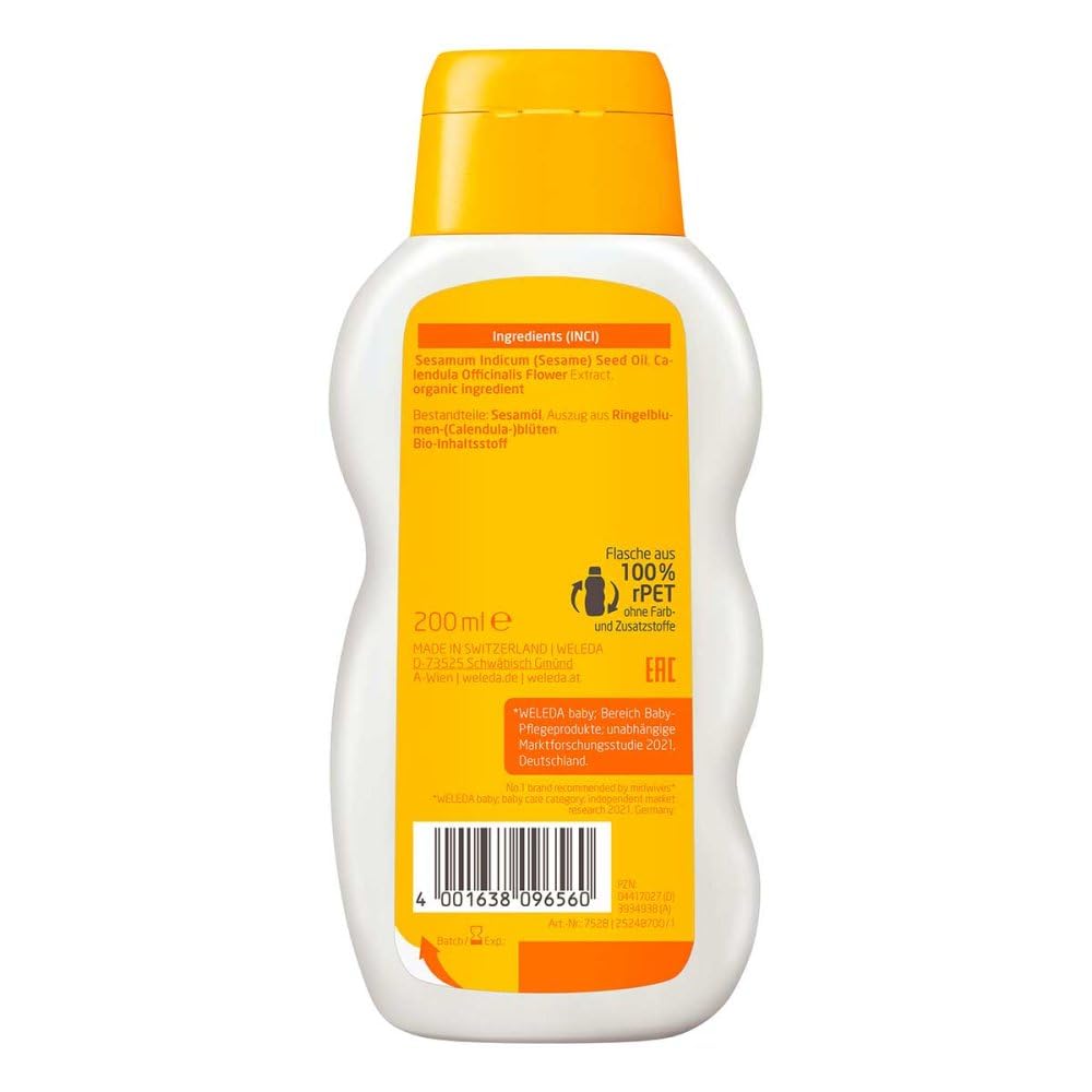Weleda Baby Olio Extra Delicato Calendula , senza profumazione, prodotto per la detersione e massaggio di neonati nei primi giorni di vita, formula extra-delicata (1x 200ml)