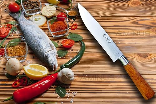 Image of AMINUS Brand - Handmade Premium High Carbon Steel 8.5 inch Blade Chef's Knife, Silver (Wooden Handle)