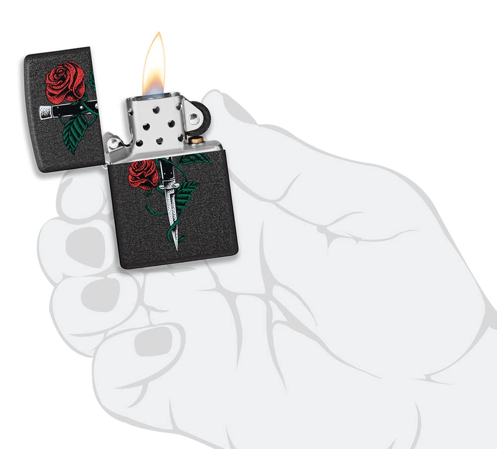 Zippo Briquet Tempête - Modèle Rose Dagger - Finition Noir Craquelé, Color Image - Rechargeable - Réutilisable - Design Coupe-Vent - Coffret Cadeau - Fabriqué aux États-Unis