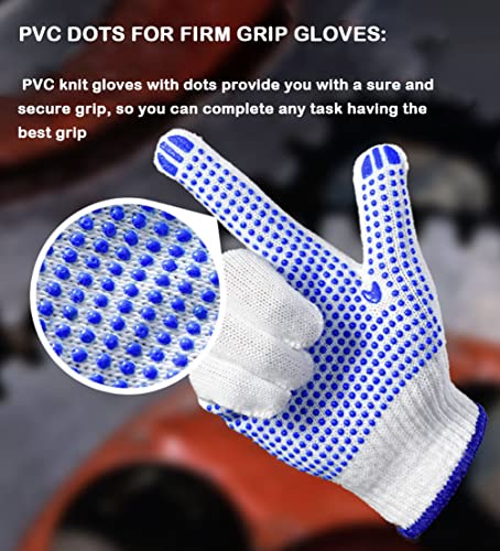 Betterrain (12 Pair) Pvc Dots,Cotton Gloves With Rubber Dots,Elastic Safety Work,Knitted Hand Work Gloves,For Men, Women, Bbq, Hand Repair, Painter Mechanic Warehouse Gardening(Large)(Blue) #TOP1