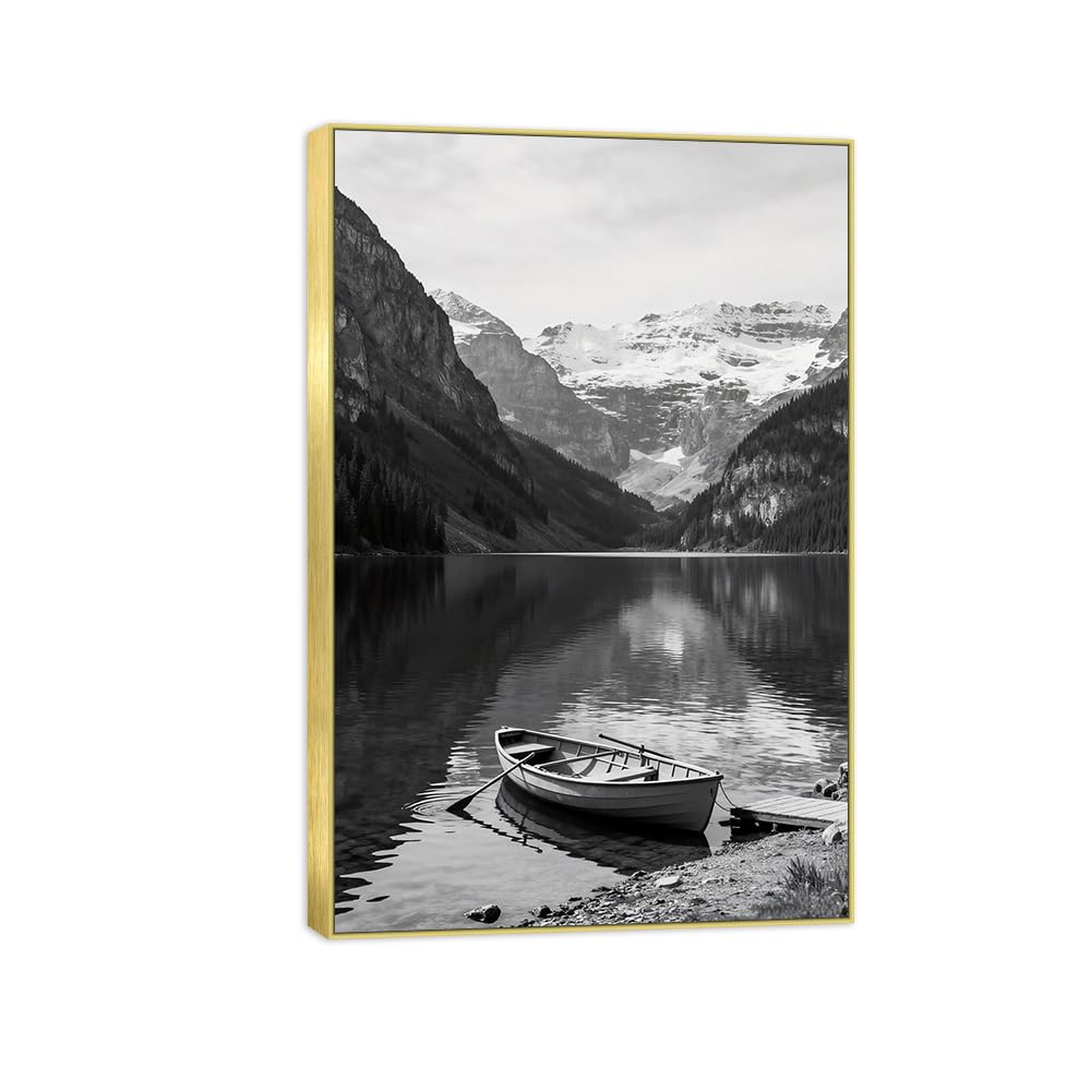 OZPWBVY Lake Boat Black White Landscape Canvas Picture 50x75cm Gold Frame