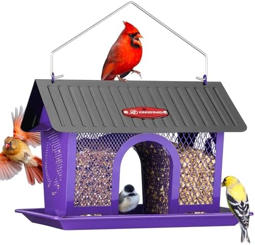 best bird feeders for purple martins that will surprise you 5 Kingsyard Metal Bird Feeders for Outdoors Hanging, Wild Bird Feeder with Seed Tray and Weatherproof Roof, 3 lbs Seed Capacity, Purple