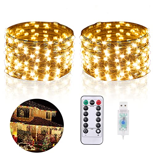 OOWOLF 5M 50 LEDs Lichterkette Warmweiß, Strombetrieben mit USB-Anschluss, IP67 Wasserdicht Außenlichtketten mit Fernbedienung inkl. Batterie, Deko für Party, Valentinstag -2 Pack Cover