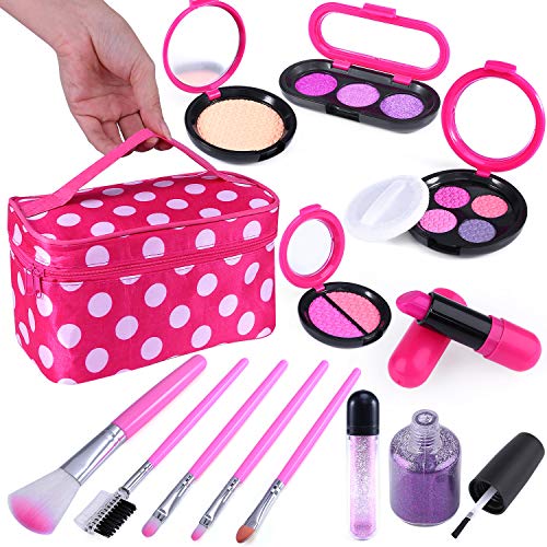 TEPSMIGO Pretend Makeup Kit with Cosmetic Bag for Girls 4-10 Year Old - Including Pink Brushes, Eye Shadows, Lipstick, Nail Polish, Mirrors, Glitter Pot, Puff Pad and More