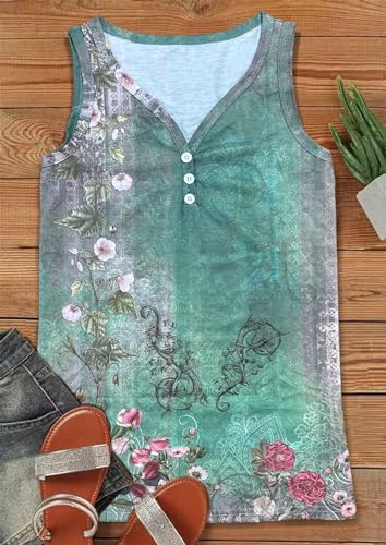 Summer V Neck Tank Tops for Women Sleeveless Notched Neck T Shirts Vintage Floral Boho Beach Casual Tank Tops Camisole(Floral Green-1,X-Large) - Image 2