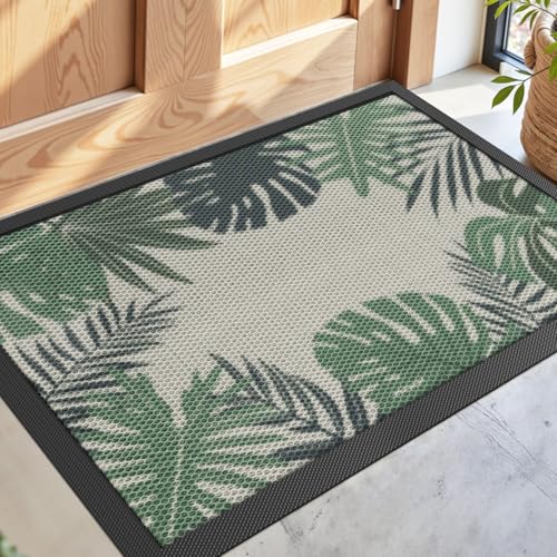 DEXI Front Door Mat Outside Entrance, Summer Tropical Leaves Plant Doormat, Non Slip Dirt Resist Heavy Duty Entry Mats for Entryway, 24x36, Olive Green