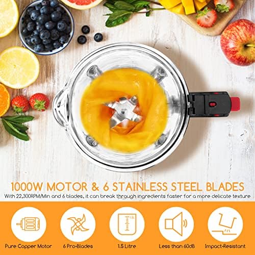 Aigostar 1000W Blender Smoothie Maker, 1.5 Litre Glass Jug Blender Mixer for Smoothie, Ice Crusher with 6 Stainless Steel Blades, High-Speed Blender with 3 Speeds Control, Easy to Clean, Herman 30VDS