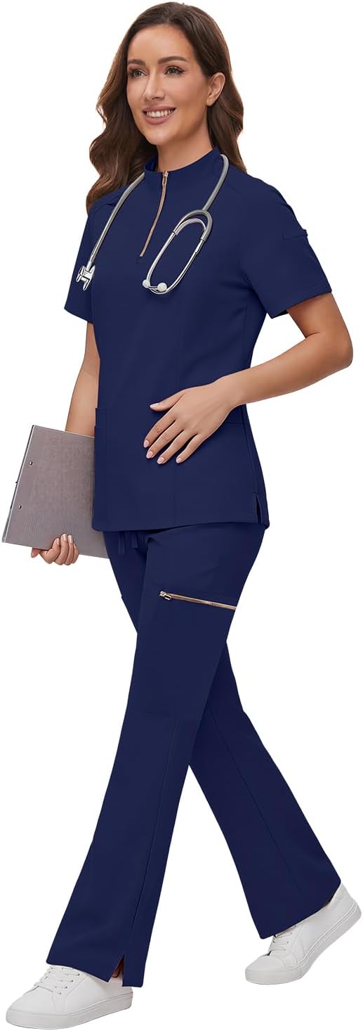 Scrubs for Women - Zip Front Top & Flare Pant Stretch Nursing Women’s Scrubs Set Medical Uniform