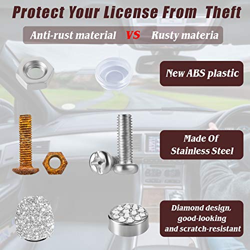 14 Pieces Bling License Plate Screws License Plate Frame Screws Bolts Caps Car License Plate Frame Tamper Proof Screws Fastener 1/4 Inch Bling Rhinestone Nut Anti Theft Set (Silver) #TOP2