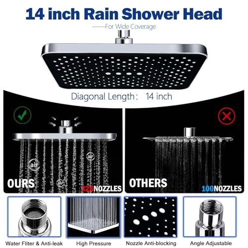 Image of Shower Head,14 inch High Pressure Shower Combo,Rainfall Shower System with Handheld Spray,All Metal 3-Way Diverter & 6ft Hose,Anti-Clog Nozzles,Easy to Install in Bathrooms-Chrome