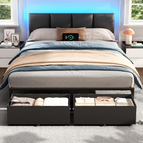 Image of Furnulem Queen Bed Frame with PU Upholstered Headboard and Charging Station | Metal Platform Bed with 2 Fabric Underbed Storage Drawers and LED Lights, Noise Free, No Box Spring Needed, Black, PU Leather