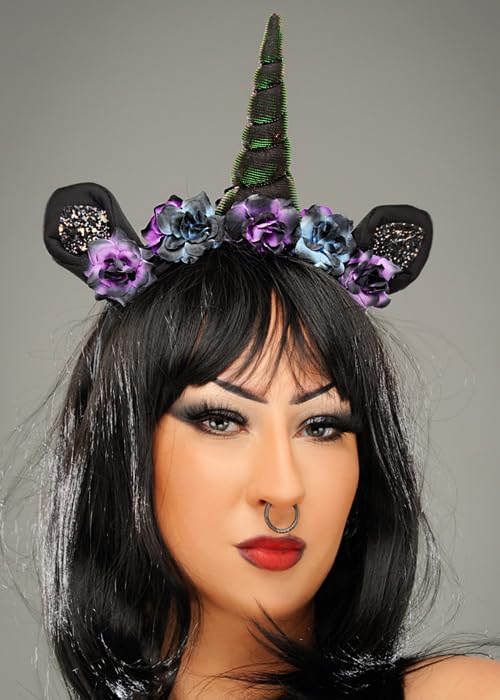 Struts Gothic Black and Purple Unicorn Horn Headband with Flowers