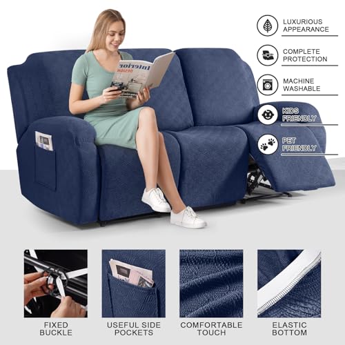 Image of Timeles Recliner Covers for 3 Seater Reclining Couch Covers Sofa Slipcover Furniture Protector for Dogs and Pets Stretch Soft Washable (Three-Seater, Navy Blue)