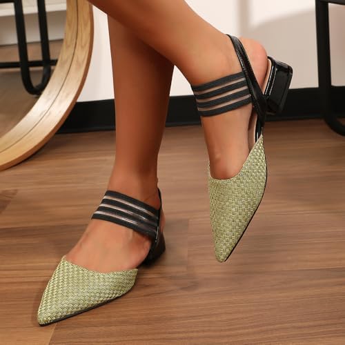 Women's 1 Inch Chunky Block Heeled Strappy Low Heels Closed Pointed Toe, Comfort & Cute Textile Pumps Cross Ankle Strap for Women Work Casual Party Dress Slip On Shoes2