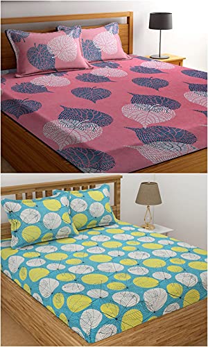 VAS COLLECTIONS Double Bedsheet Combo (Pack of 2) | Supersoft Glace Cotton 180 TC – Set of 2 bedsheet with 4 Pillow Cover – Breathable & Wrinkle Free – 6 Pcs Set | Pink & Green