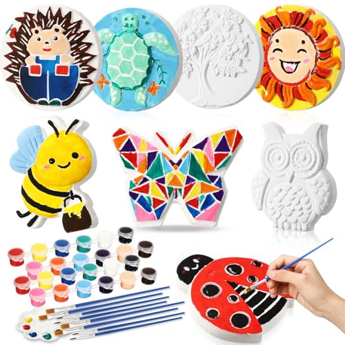 HyDren 8 Pcs Paint Your Own Plaster Stones, Summer Arts and Crafts Painting Kit Outdoor Garden Creative Project DIY Personalized Art Supplies Include Paint Palette Brush Xmas Birthday Gift(Animal)