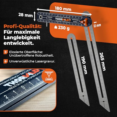 Thorvald 4-in-1 Winkelschmiege + Zimmermannsbleistift + 2 Edelstahl-Lineal 190mm & 265mm - Präzise Winkelübertragung - Eloxiertes Aluminium - Holzbearbeitung, Zimmerei