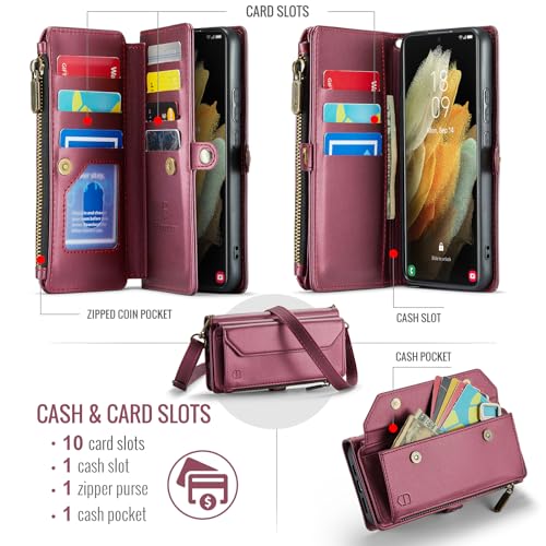 Strapurs Crossbody Wallet Case Compatible with Samsung Galaxy S21 Ultra 5G RFID Blocking 10-Card Holder Soft PU Leather Magnetic Snap Strap Zipper Pocket Phone Case Fit for Galaxy S21 Ultra - Wine Red by Strapurs - Image 2