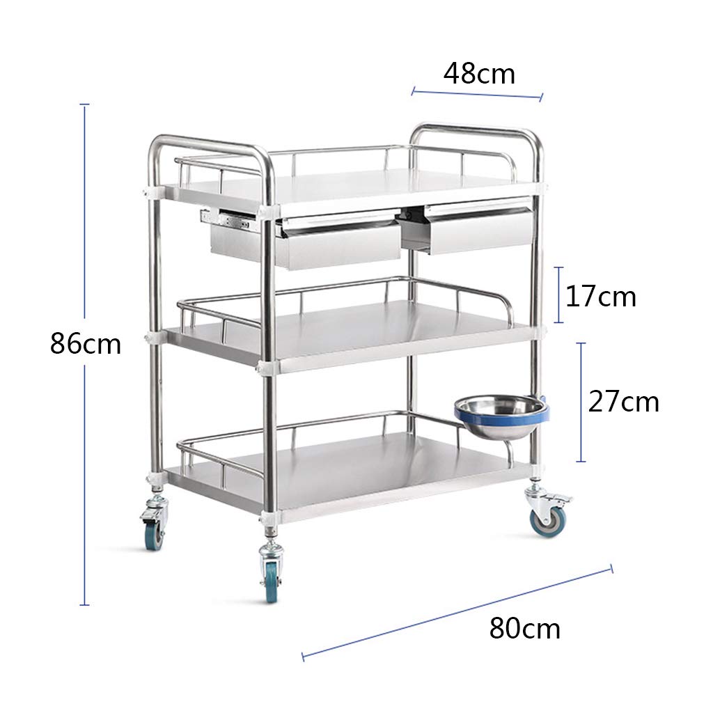 Carrello in Acciaio Inossidabile, Carrello per chirurgia Medica Dentale, Carrello per apparecchiature di Bellezza, Carrello per Infermieristica e medicazione (3 Strati di Doppi cassetti)
