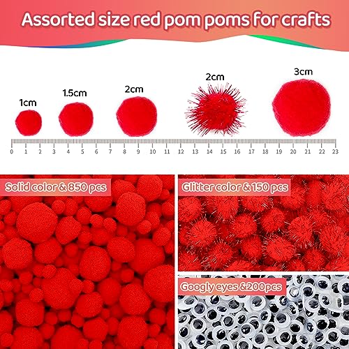 Image of Iooleem Red Pom Poms, 1200pcs Assorted Size Pompoms,Pom Poms for Arts and Crafts, Pom Pom Balls with Wiggle Eyes in jar, Glitter Pom Poms, Craft Supplies.
