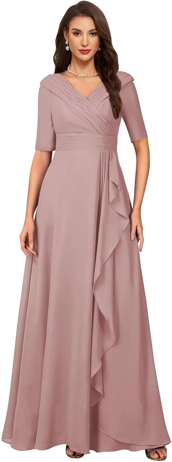 Women's Chiffon Mother of The Bride Dresses with Sleeve A-line Ruffles Long Wedding Guest Formal Evening Gown