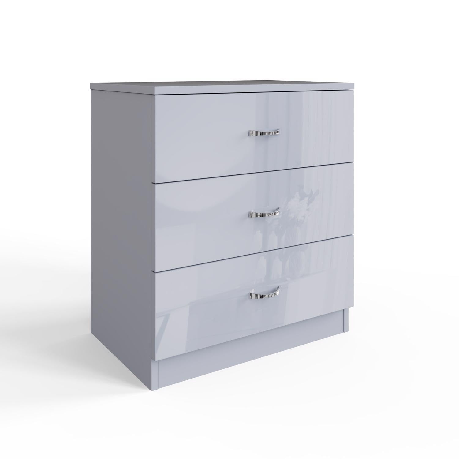 FWStyle Grey Gloss 3 Drawer Chest. Large drawers. Matt Grey Frame. W60 x D40 x H68.5cm
