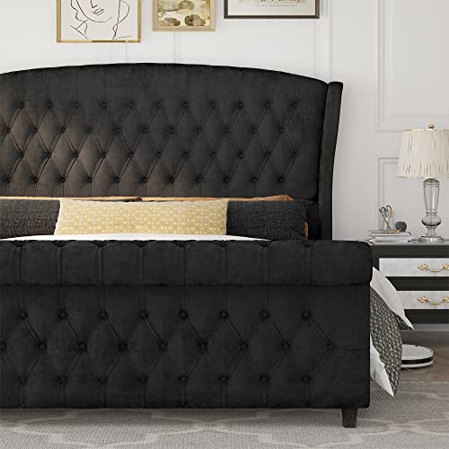 Amerlife King Size Platform Bed Frame, Velvet Upholstered Sleigh Bed With Scroll Wingback Headboard & Footboard/Button Tufted/No Box Spring Required/Easy Assembly/Black #TOP2