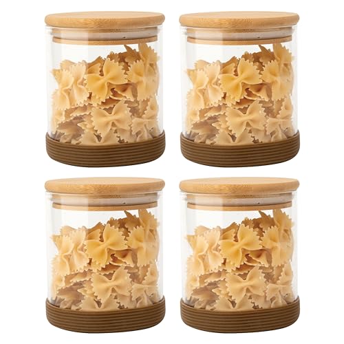 Image of Femora Borosilicate Glass Jars with Wooded Lid| 1 Year Warranty| Multipurpose Airtight Storage Jars For Cookies, Snacks, Spices| Glass Jar 600ml| Set Of 4| Transparent Glass Jars For Kitchen Storage