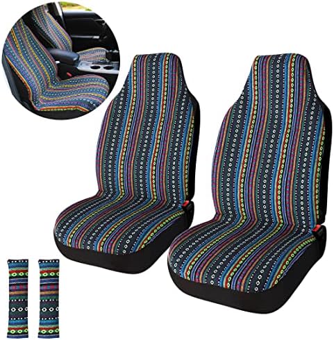 Copap Universal Stripe Colorful 4pc Front Seat Covers Saddle Blanket Baja Bucket Seat Cover with Seat-Belt Pad Protectors for Car, Truck & SUV
