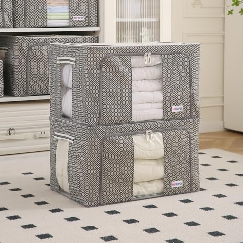 Image of HOKIPO Wardrobe Organizer Storage Box | Foldable Cloth Storage Boxes with Metal Frame & Window | 600D Oxford Fabric | 88L, Pack of 2 Charcoal Grey (AR-5930-CGRY*2)