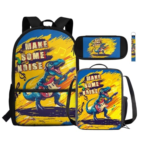 Zaino per bambini borsa termica per il pranzo portapenne astuccio da polso con cordino e portachiavi set 4 in 1 per il rientro a scuola Dinosauro fresco Taglia unica Zaini Daypack