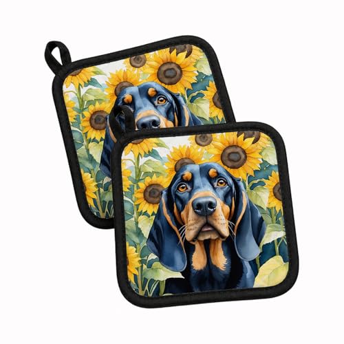 Caroline's Treasures Black and Tan Coonhound in Sunflowers Pair of Pot Holders Kitchen Heat Resistant Pot Holders Sets Oven Hot Pads for Cooking Baking BBQ, 7 1/2 x 7 1/2