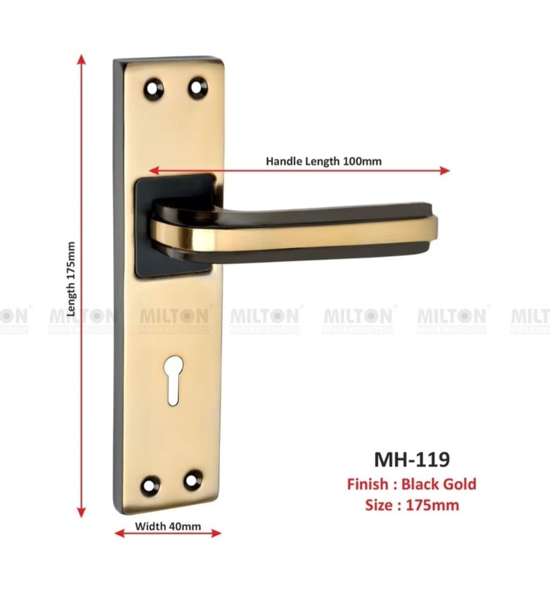 Milton Iron MHI-Liner Black.Gold 7 Inch Iron Mortise Lock Set with Lock Handle,Finish, Black Gold 175 mm x 40 mm Plate, 100mm Handle Length, Includes Keys and Screws — Amazon image 2