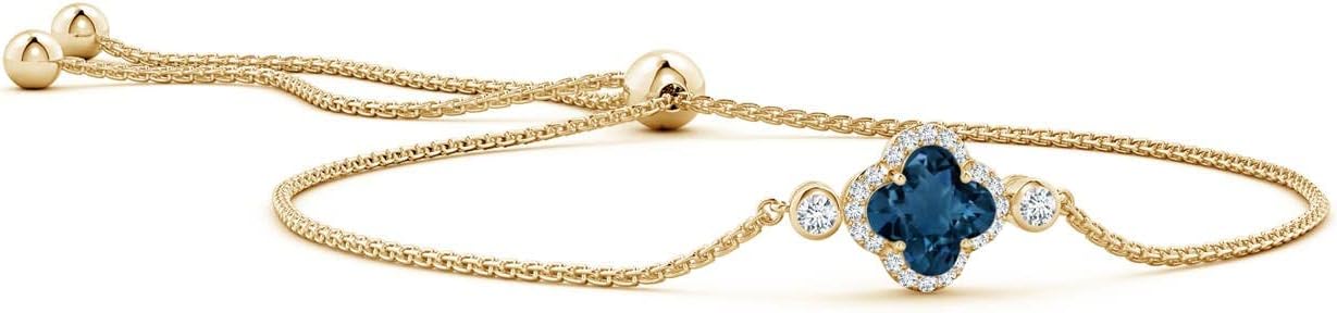 Angara Natural Clover Shaped London Blue Topaz Bolo Bracelet for Women in 14K Solid Gold | December BirthstoneJewelry Gift for Women | Wedding Anniversary | Length-7-10 inch| Grade-AAAA