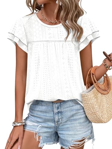 Zwurew Womens Summer Tops Crewneck Eyelet Ruffle Sleeve Blouses Casual Babydoll Shirts 2025 S-2XL