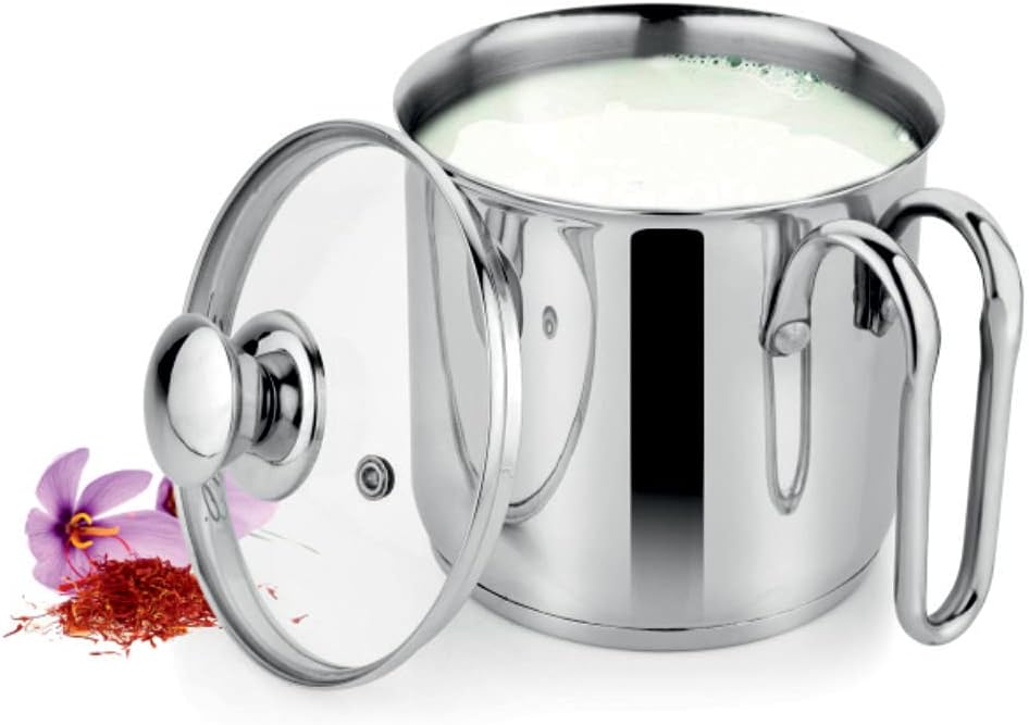 Prabha Heavy Gauge- Encapsulated Base Stainless Steel Milk Pot Milk Boiler 1.8L And 14Cm Diameter Pot 1.8 L With Glass Lid (Silver), 1.10 liter