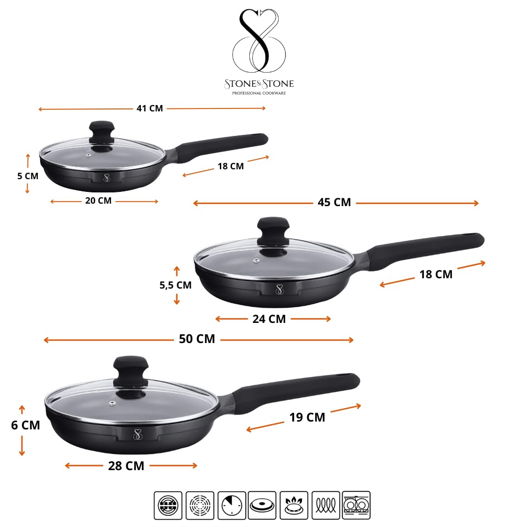 Stone&Stone Set 4 Padelle Antiaderenti 20cm/24cm/28cm/32cm, Batteria di Padelle Professionale, Induzione e Gas, Rivestimento Tedesco Super Antiaderente, Senza PFAS, PTFE e PFOA + 4 Coperchi 4 Utensili