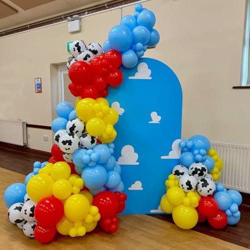 Image of Toy Kids Birthday Balloons, 12 Inch Red Yellow Blue balloons With Cow Print Sky Light Blue Cloud Balloon, Lime Green Balloon for Toy Birthday Decorations Boys Girls Party Decorations