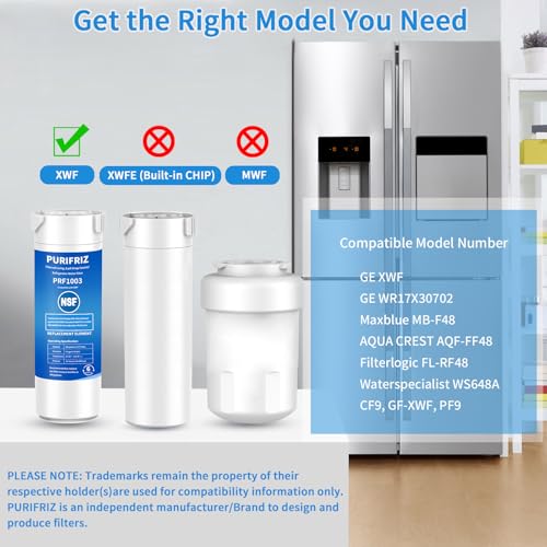 PURIFRIZ 3 Pack XWF (Not XWFE, NO Chips), Refrigerator Water Filter Compatible with GE XWF, GBE21, GDE21, GDE25, GFE24, NSF/ANSI 42&372 Certified, 6 Month / 300 Gallon