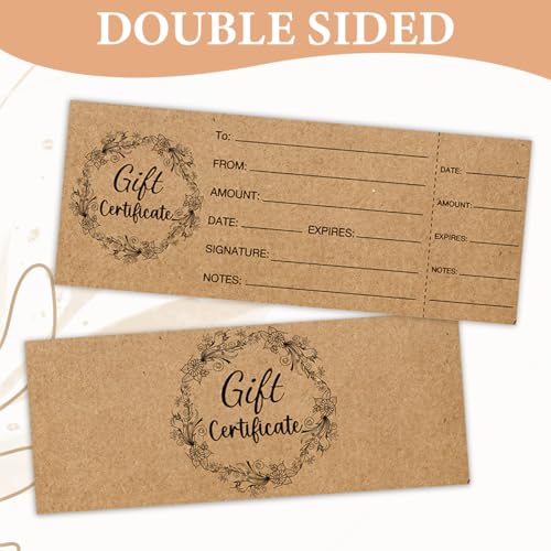 50 conjuntos de vales de presente para empresas, vales-presente Kraft em branco com envelopes, vales