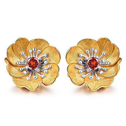 JIANGYUYAN Pendientes Oro de 18 quilates Pendientes de flor de anémona con flores Pendientes de joyería fina hechos a mano de plata de ley 925 genuina para mujer Regalo(Gold-silver-red) Cover