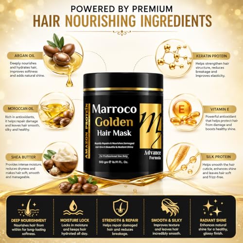 Image of Moroccan Argan Golden Hair Mask 500g | Professional Deep Conditioning Hair Spa Cream | Repairs Dry, Damaged & Frizzy Hair | Nourishes, Hydrates & Adds Shine | For Men & Women