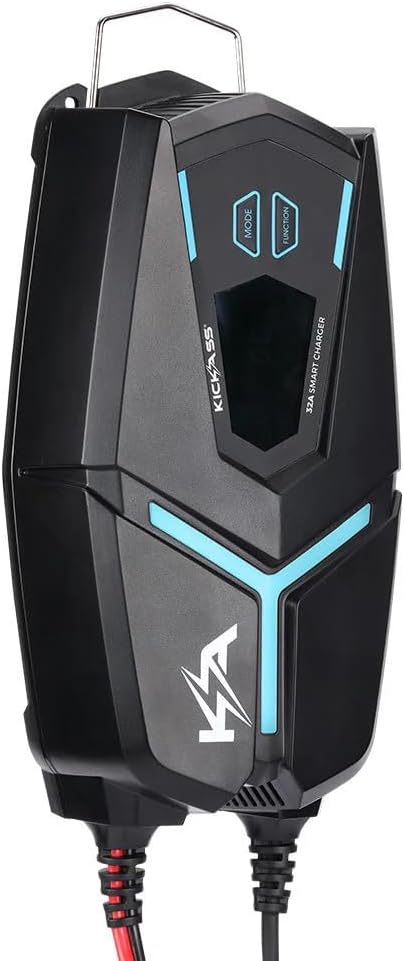 Side view of KickAss Flexicharge 32A Smart 12V Battery Charger showing display and buttons