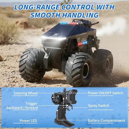 Amphibious Remote Control Car 1:18, Waterproof 4WD RC Monster Truck with Smoke Spray & 360&deg; Spins, Police Style All-Terrain Off-Road Pickup, Kids Christmas Birthday Gift for Boys Girls Ages 6+